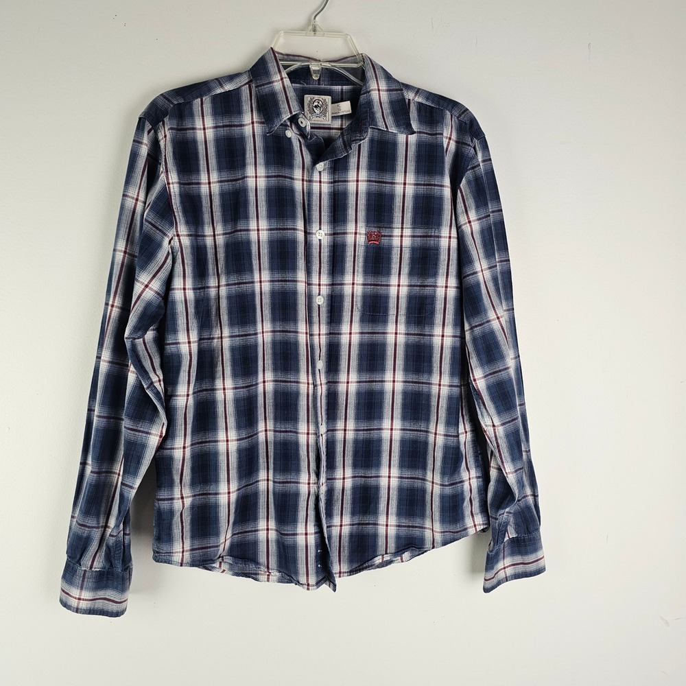 Cinch Mens XL 14 Plaid Button Down Shirt Navy Blue Long Sleeve MTW7060218